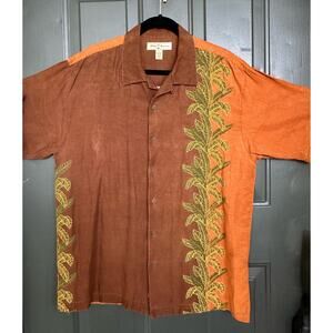 TOMMY BAHAMA Men’s Linen-Silk Color Block Embroidered Panel Shirt size Large